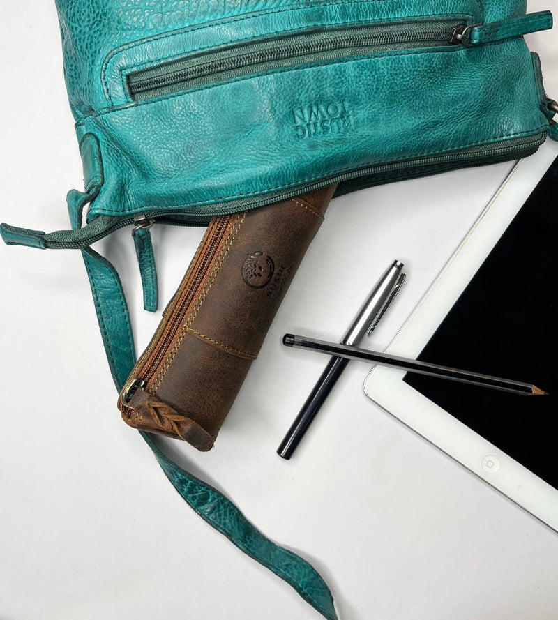 Rustic Town Leather Pencil Case - Full Grain Leather Zippered Pen Pouch - Stationery Bag Pen Holder for Work & Office, Brown, M, Pc200505flr-tan - Image 2